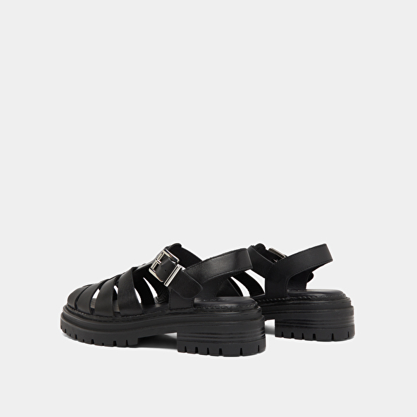 Platform sandals with wide straps in black leather | ABRAHAM
