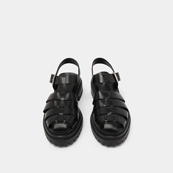 Platform sandals with wide straps in black leather | ABRAHAM