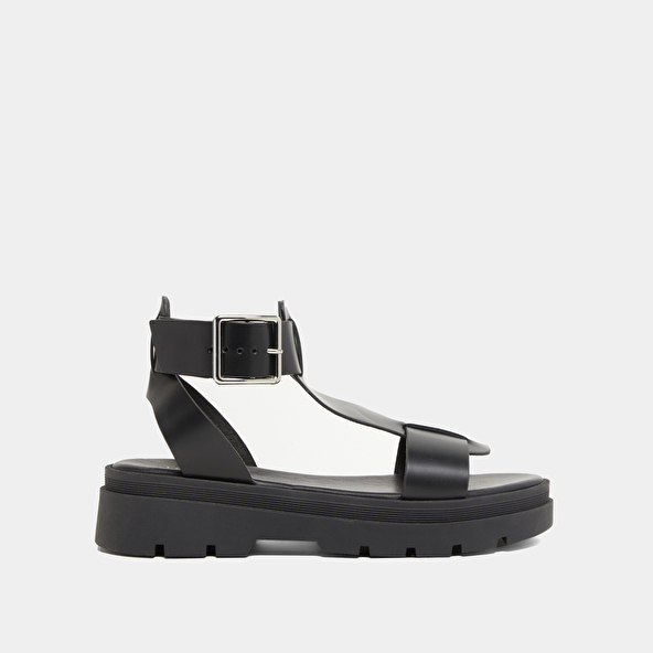 Platform sandals with thick straps in black glazed leather | LILLE