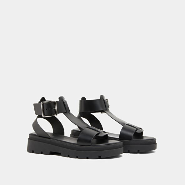 Platform sandals with thick straps in black glazed leather | LILLE