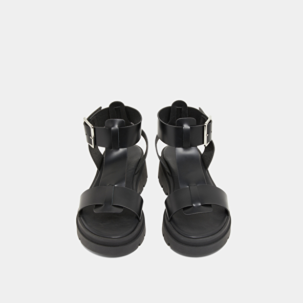 Platform sandals with thick straps in black glazed leather | LILLE