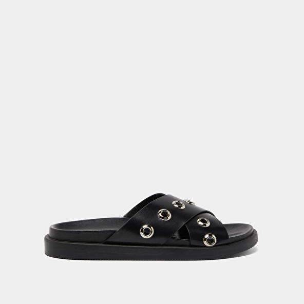 Open-toe mules with silver details in black leather | WYOMING
