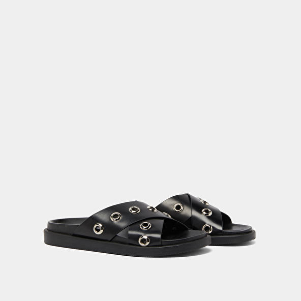 Open-toe mules with silver details in black leather | WYOMING