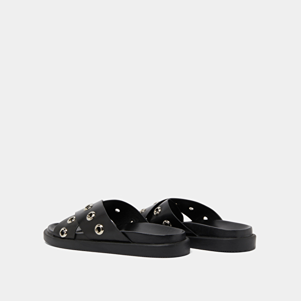 Open-toe mules with silver details in black leather | WYOMING