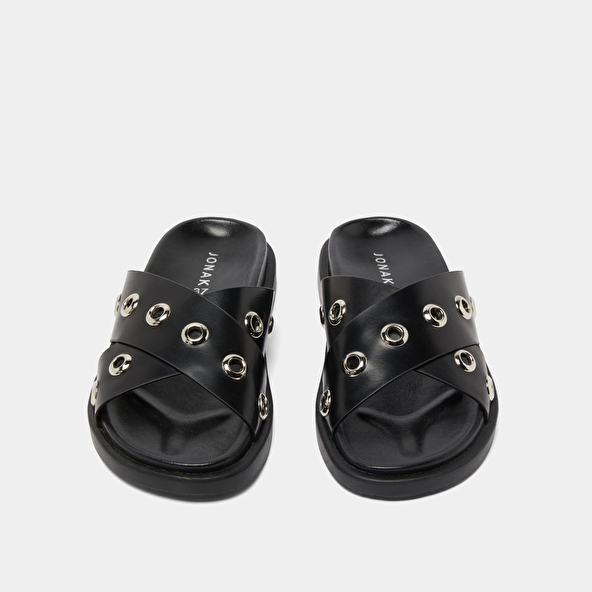 Open-toe mules with silver details in black leather | WYOMING