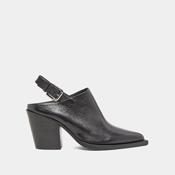 Mules with beveled heels in black leather | DOREN