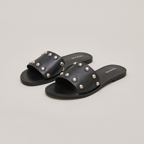 Mules with silver details in black grained leather | WINSLOW