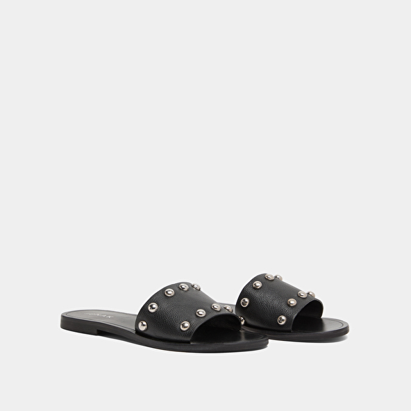 Mules with silver details in black grained leather | WINSLOW