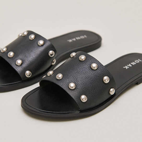 Mules with silver details in black grained leather | WINSLOW