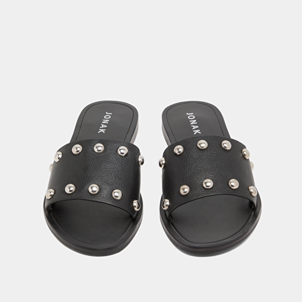 Mules with silver details in black grained leather | WINSLOW