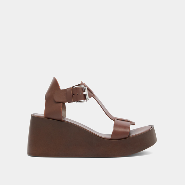 Wedge sandals with adjustable buckles in dark brown leather | ESTELLE