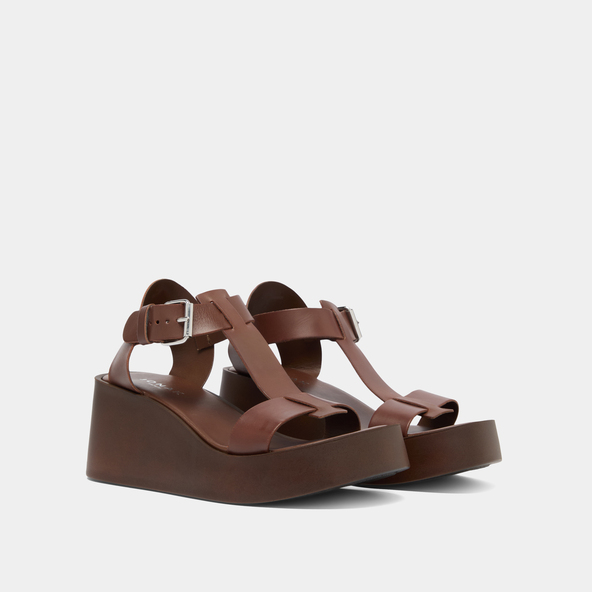 Wedge sandals with adjustable buckles in dark brown leather | ESTELLE