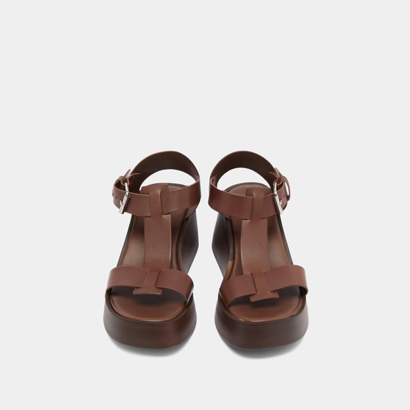 Wedge sandals with adjustable buckles in dark brown leather | ESTELLE
