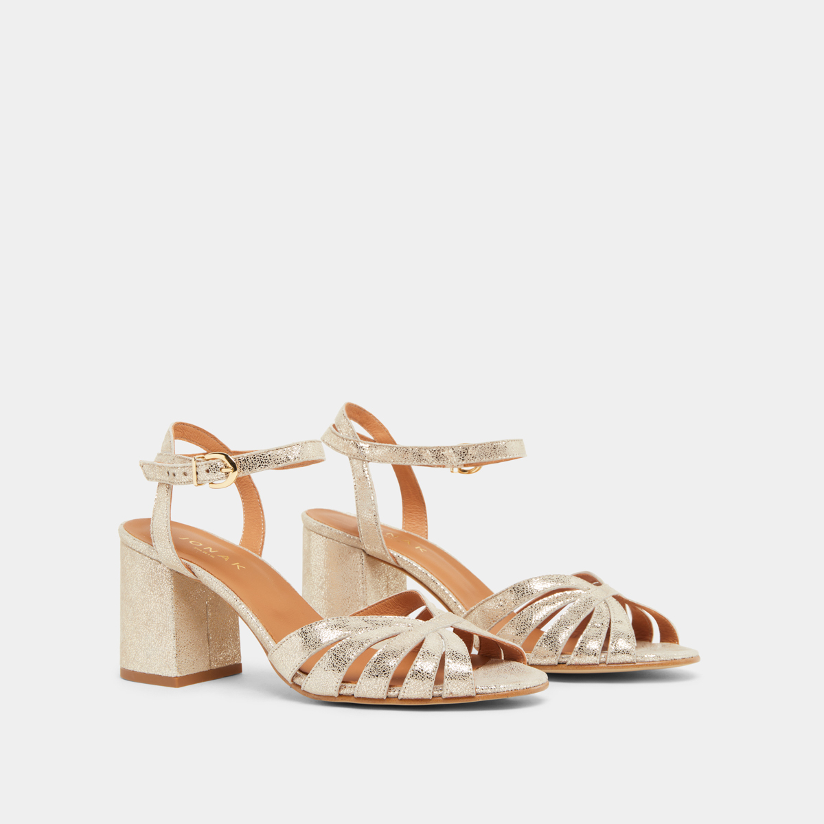 Strappy sandals with open toe in platinum laminated velvet | DEBACQ