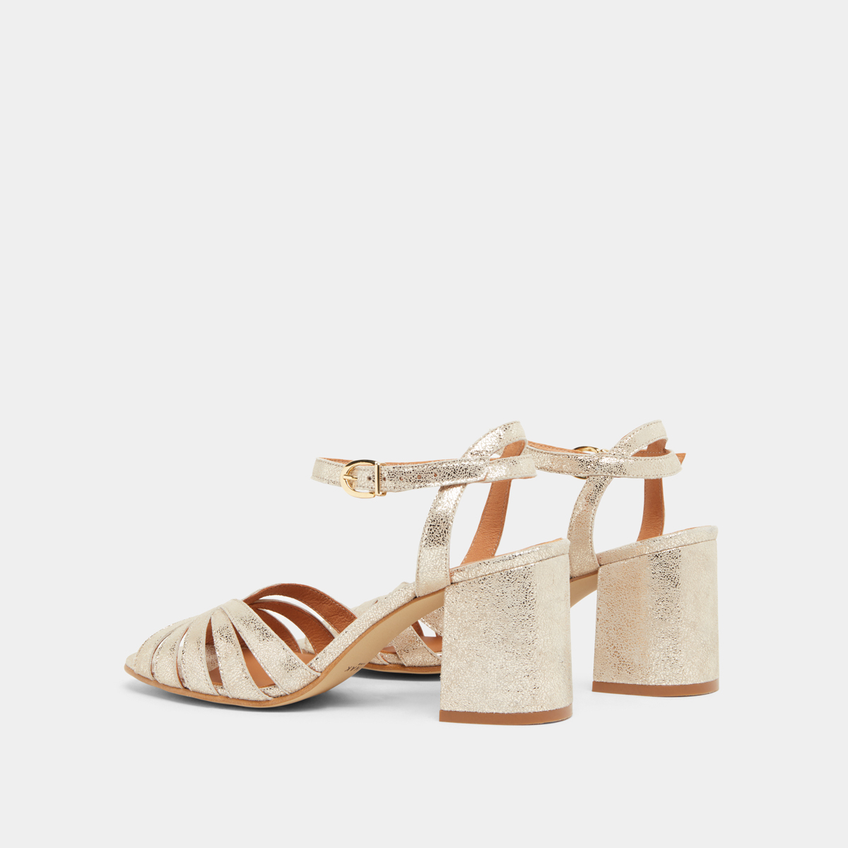 Strappy sandals with open toe in platinum laminated velvet | DEBACQ