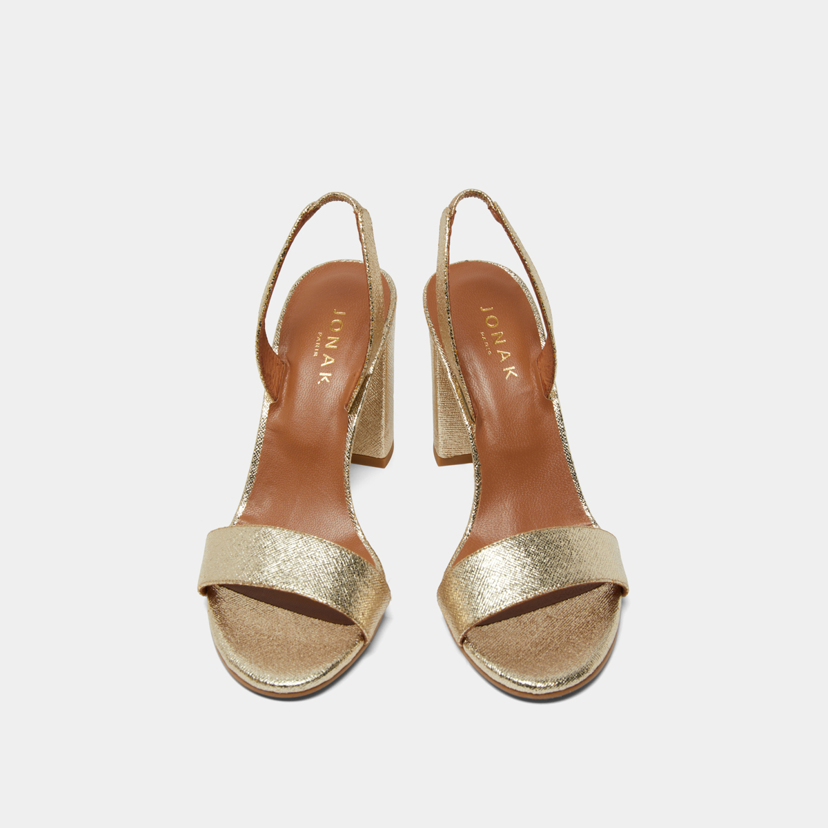 Heeled sandals in platinum metallic textile | DIDUS