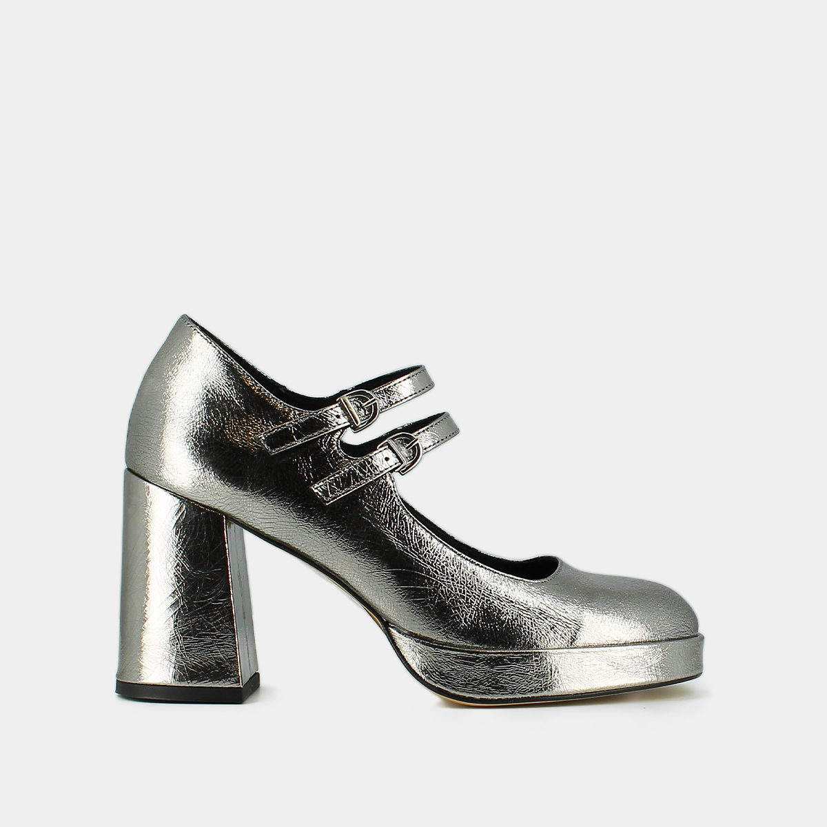 Mary Jane with double straps and platforms in dark silver metallic leather | VERITE