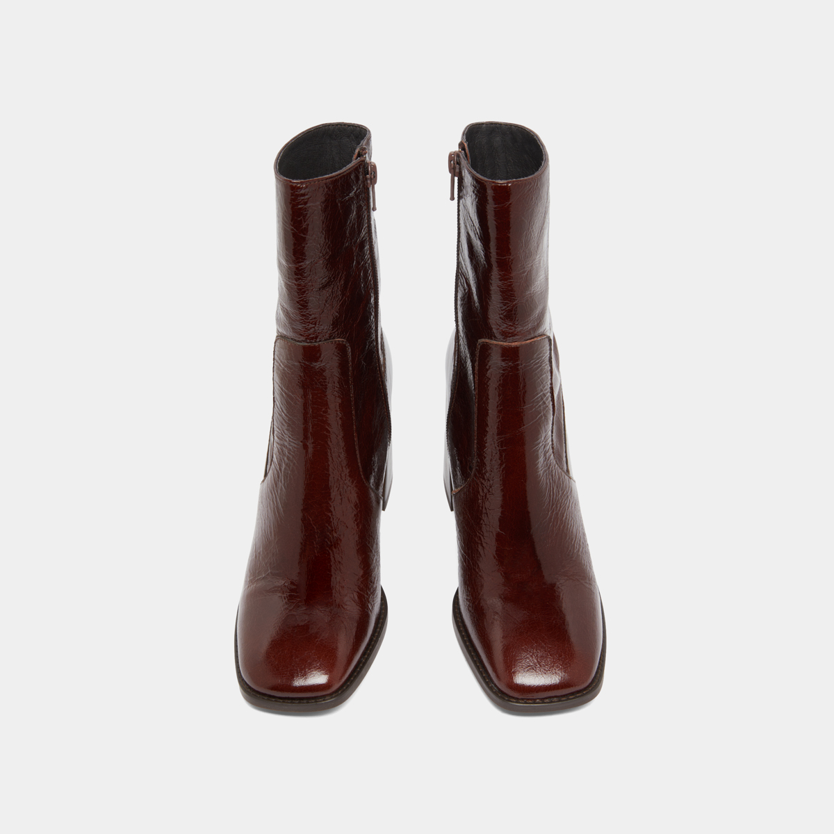 Heeled ankle boots with square toes in chocolate shiny leather | VIDAL