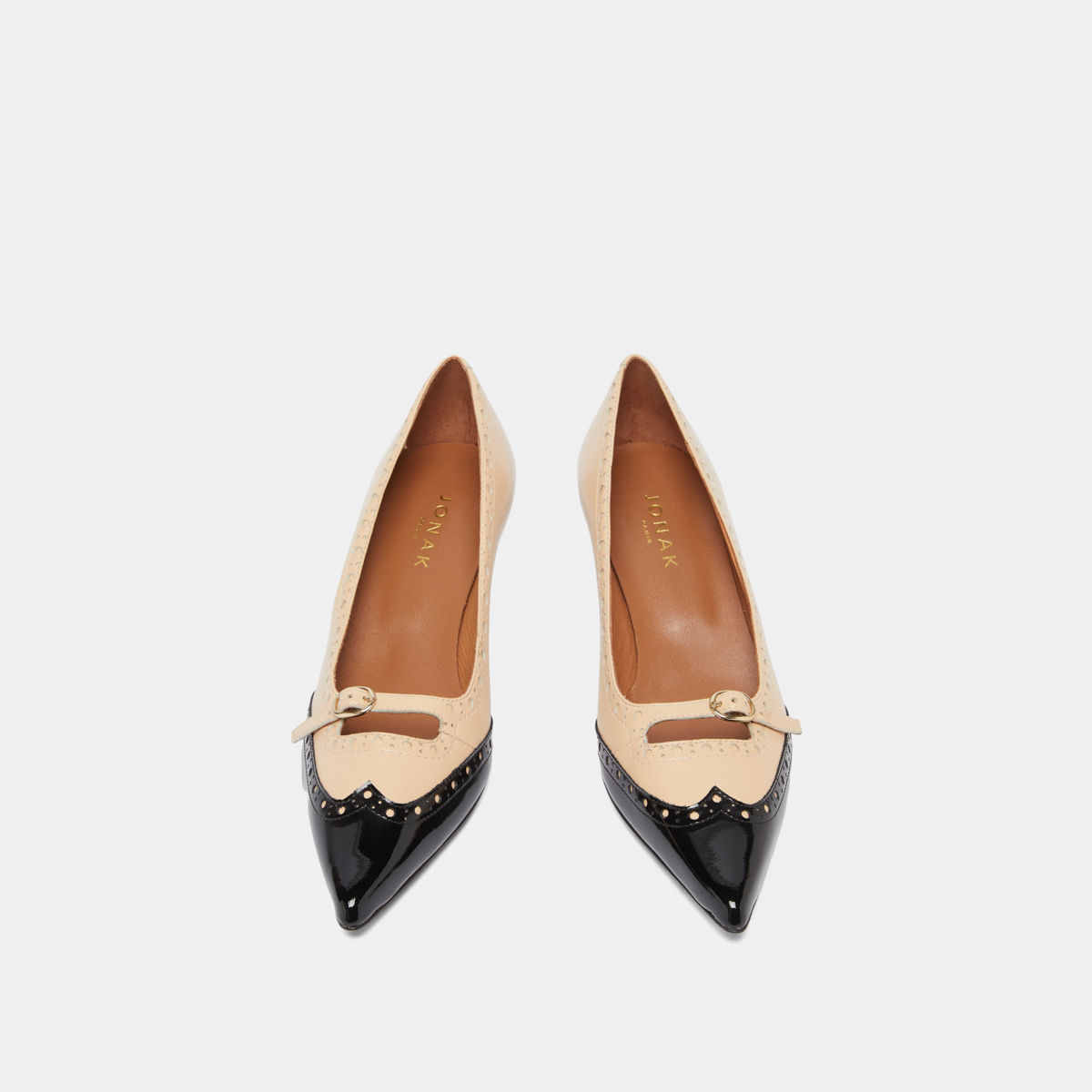 Escarpins à brides et détails perforés..... in black patent and beige leather | DALTA