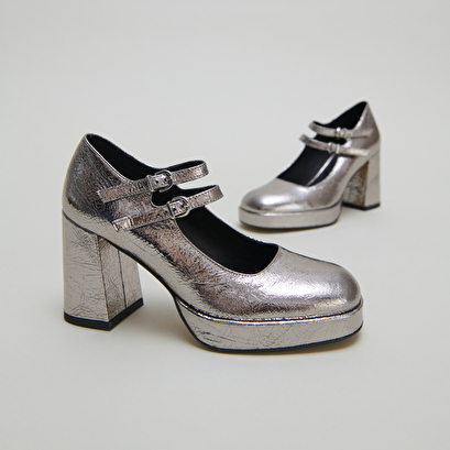 Mary jane with double straps and platforms in dark silver metallic leather | verite