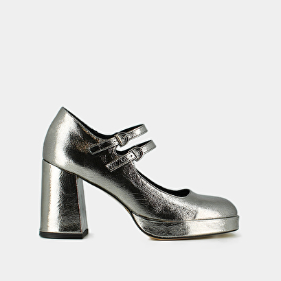 Mary jane with double straps and platforms in dark silver metallic leather | verite