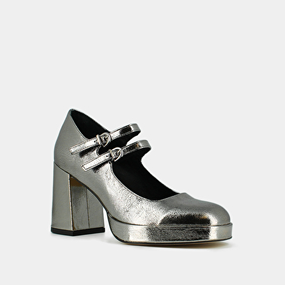 Mary jane with double straps and platforms in dark silver metallic leather | verite