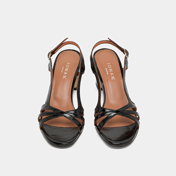 High-heeled sandals in black shiny leather | VAIANA