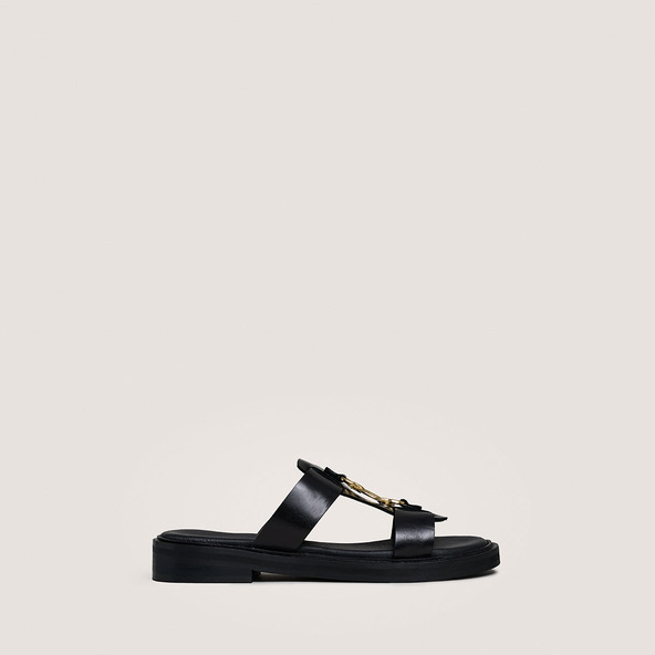 Mules with golden jaws in black leather | DOP