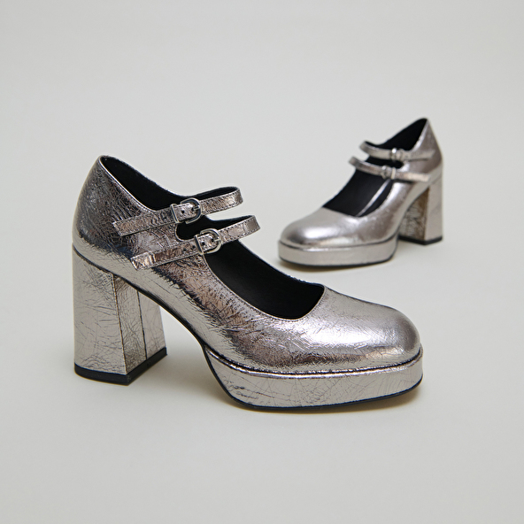 Mary Jane with double straps and platforms in dark silver metallic leather | VERITE