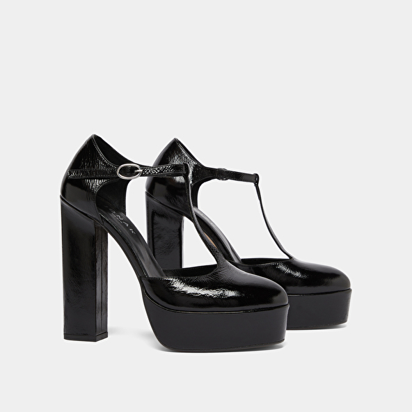 Salomés à talons hauts in black shiny leather | VANCO