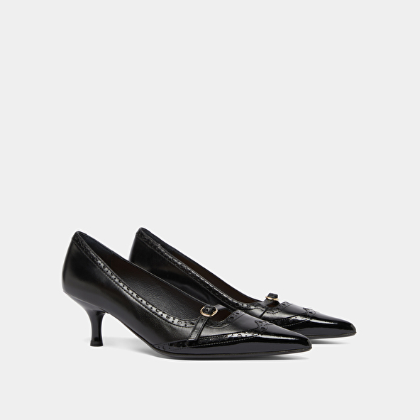 Escarpins à brides et détails perforés..... in black patent and black leather | DALTA