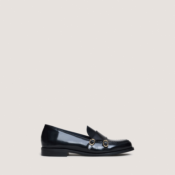 Loafers with adjustable buckles in black glazed leather | DRIZZA