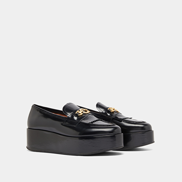 Mocassins à boucles dorées in black glazed leather | DELPHES