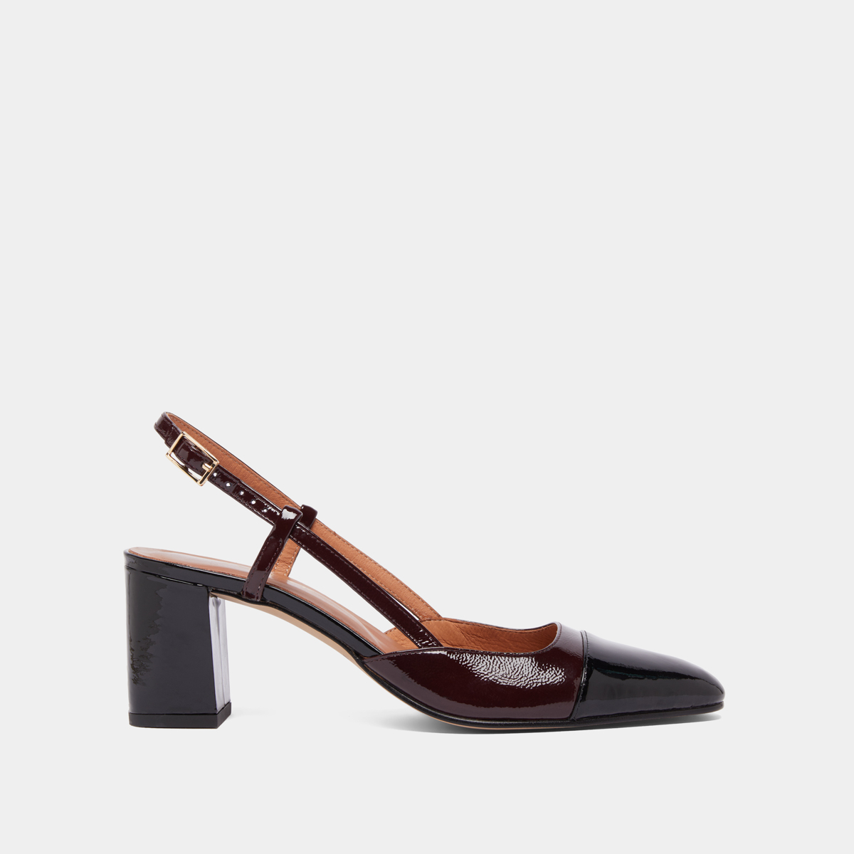 Slingbacks à talons in black patent leather and burgundy pleated patent | DHAPOP