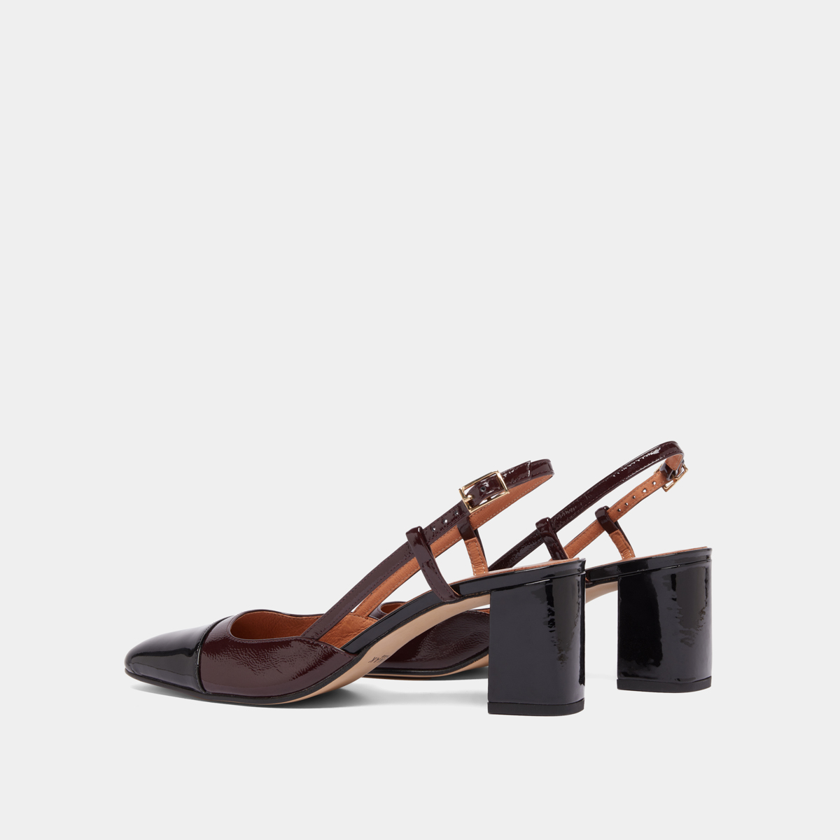 Slingbacks à talons in black patent leather and burgundy pleated patent | DHAPOP