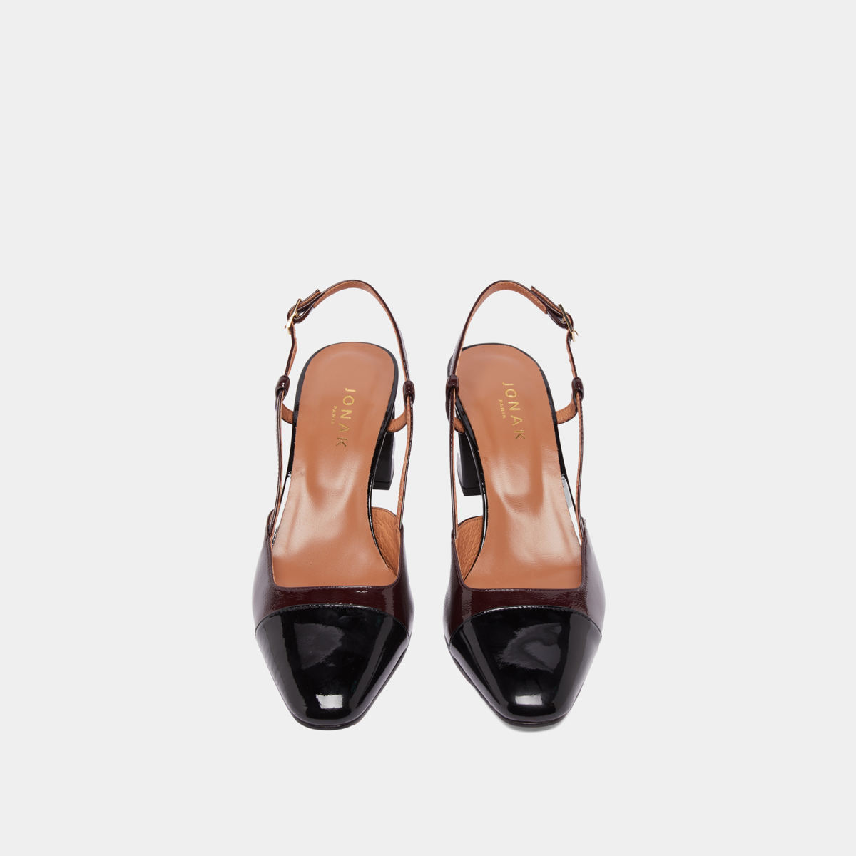 Slingbacks à talons in black patent leather and burgundy pleated patent | DHAPOP