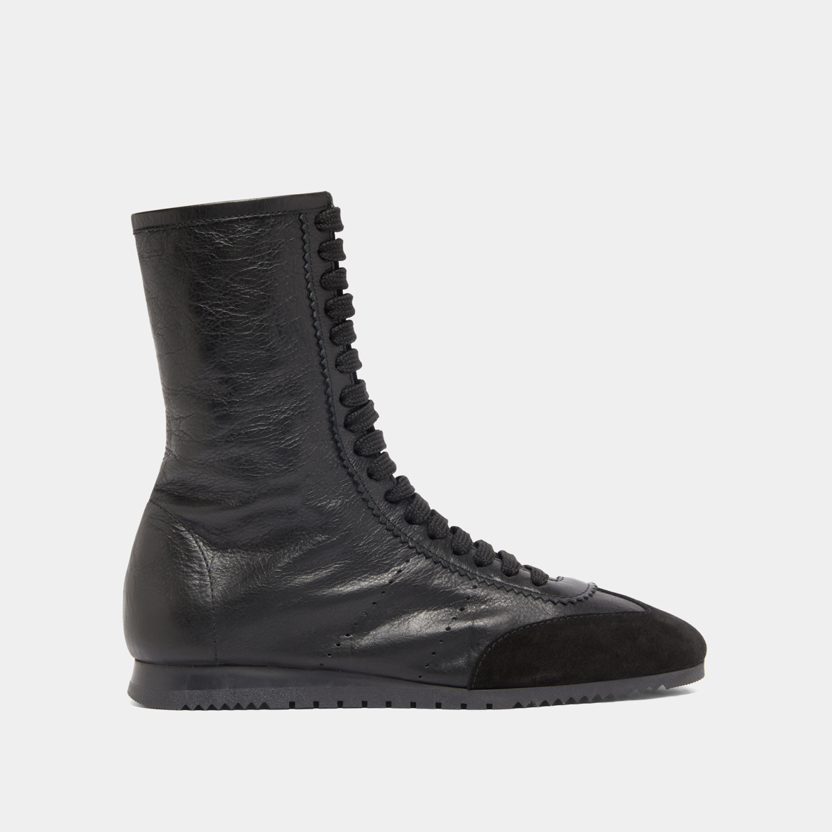High lace-up sneakers in black suede and black leather | DOUBONE