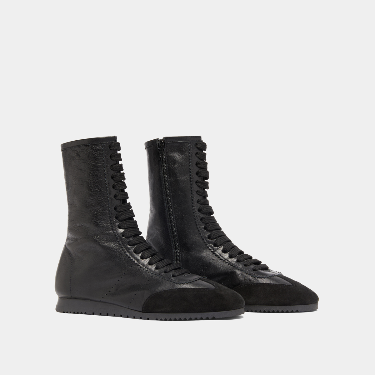 High lace-up sneakers in black suede and black leather | DOUBONE