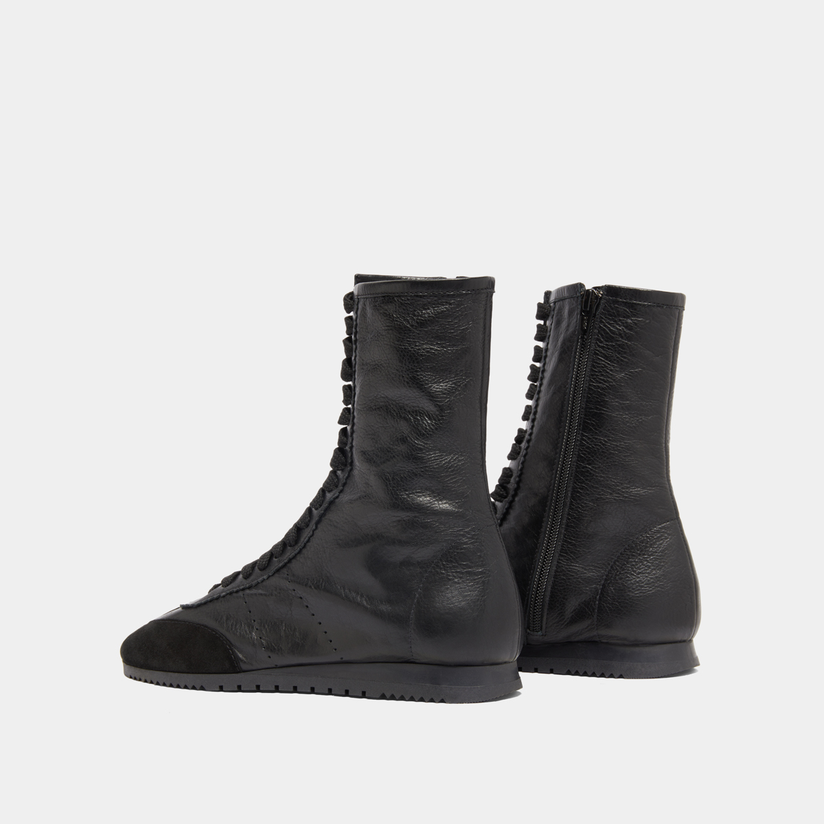 High lace-up sneakers in black suede and black leather | DOUBONE