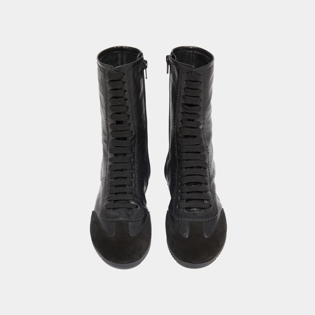 High lace-up sneakers in black suede and black leather | DOUBONE