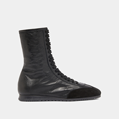 High lace-up sneakers in black suede and black leather | doubone