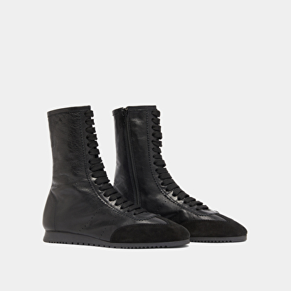 High lace-up sneakers in black suede and black leather | doubone