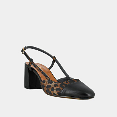 Slingbacks à talons in black leather and brown leopard print fabric | dhapopard