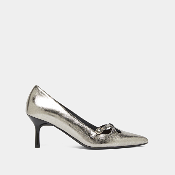 Escarpins à brides croisées in dark metallic leather | DOUCHKA