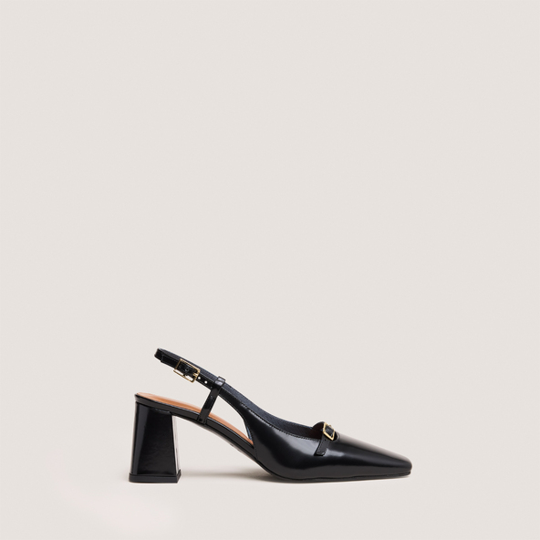 Heeled slingbacks in black glazed leather | DADELLE