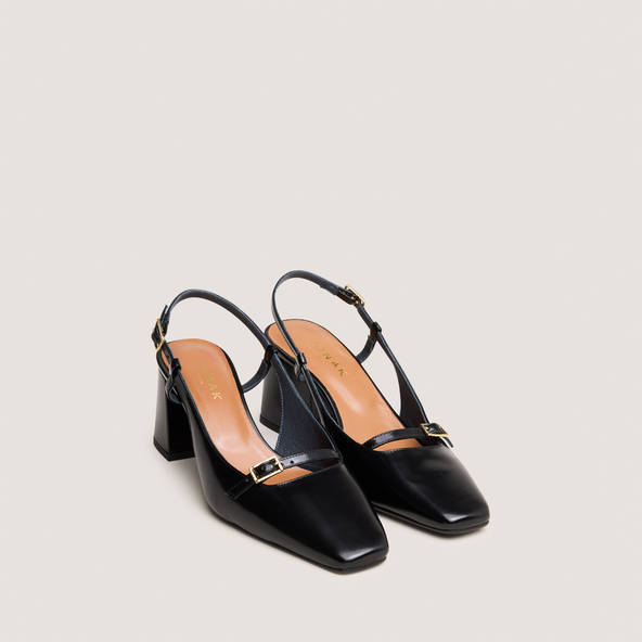 Heeled slingbacks in black glazed leather | DADELLE