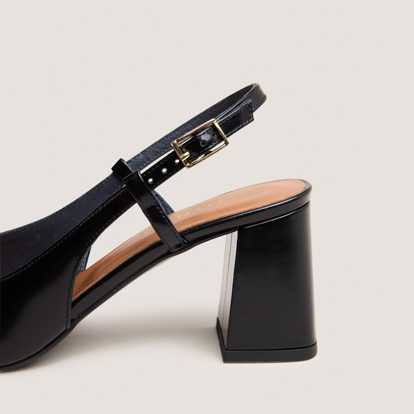Heeled slingbacks in black glazed leather | DADELLE