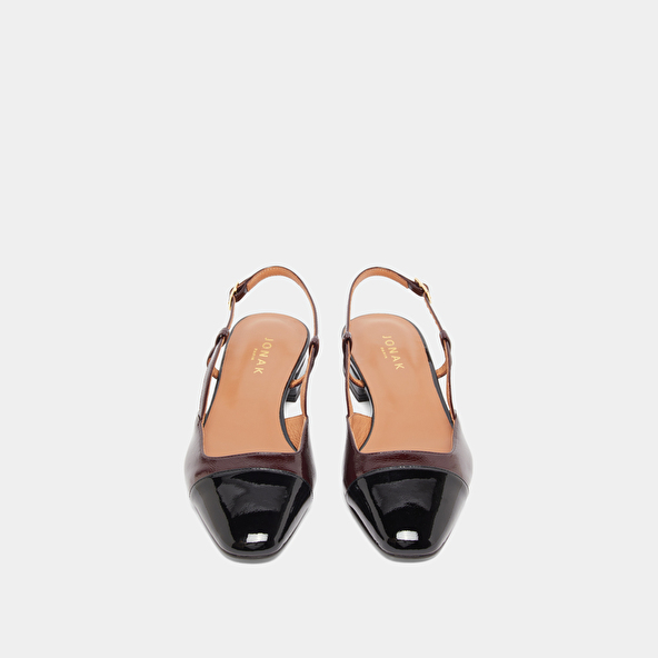 Slingbacks ballet flats in black patent leather and burgundy pleated patent | DHAPOU