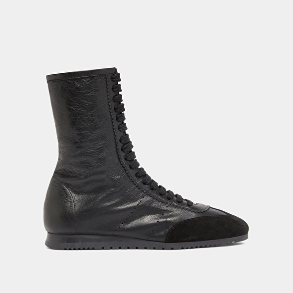 High lace-up sneakers in black suede and black leather | DOUBONE
