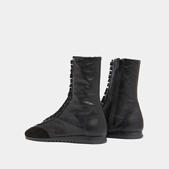 High lace-up sneakers in black suede and black leather | DOUBONE